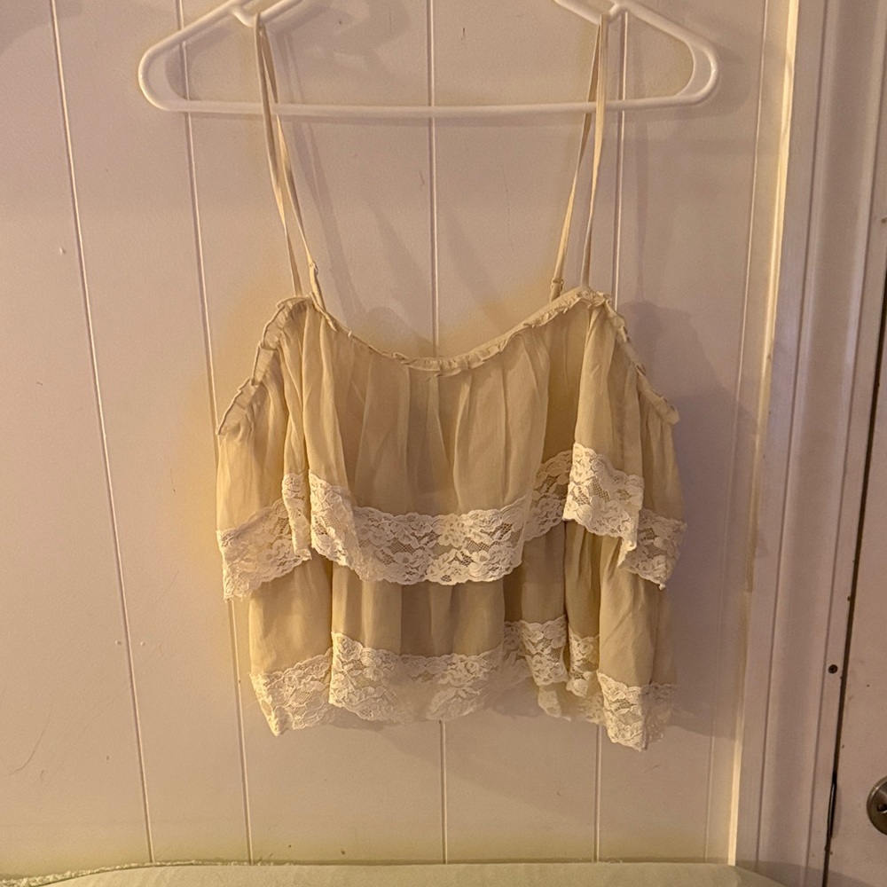 Women's Cream Lace-Trim Spaghetti Strap Crop Top